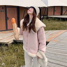 粉色短款娃娃领羊羔毛外套小个子甜美减龄加厚棉服D3071P195K278，女装棉衣/棉服，维壹