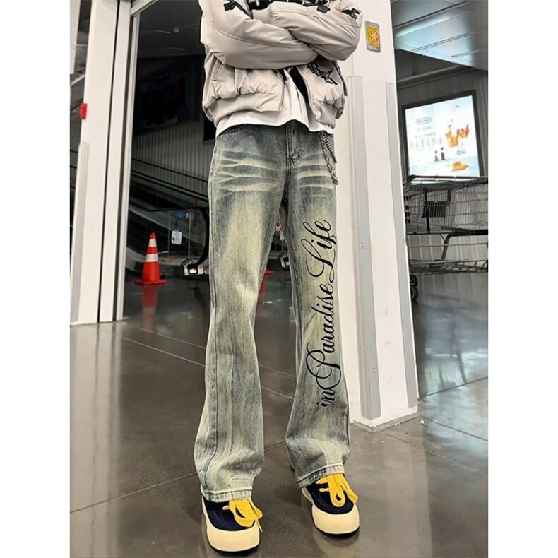 复古蓝字母印花微喇牛仔裤男春秋高街裤子直筒修身阔腿裤NS6078，男装牛仔裤，星座1116A（原606A-3）