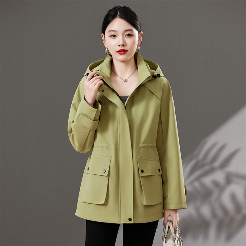 品牌专柜！韩版可拆连帽抽绳收腰冲锋衣外套2025年春季新款风衣女，女装风衣，靓衣阁