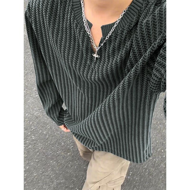 新款270g鱼骨纹V领长袖T恤男小香风宽松打底衫T24550-特P28控58，男装T恤，电商A001