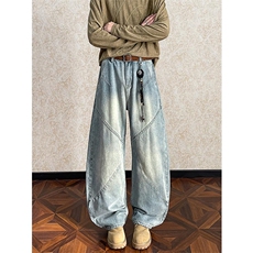 新款潮牌港风拼接水洗弯刀牛仔裤男美式宽松长裤N6458-特P45控88，男装牛仔裤，电商A001-1