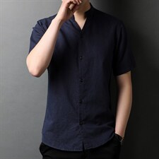 2023年新款男士短袖上衣亚麻衬衫中青年商务半袖立领体恤P68，男装T恤，钱塘6003A(原)4033A