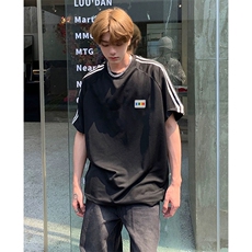 抖音得物高品质二开240克宽松纯棉美式潮牌三条杠织带短袖T恤，男装T恤，电商A486-1