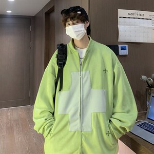 潮复古绿色夹克外套男秋季撞色拼接设计感百搭卫衣 W5137-P57图片