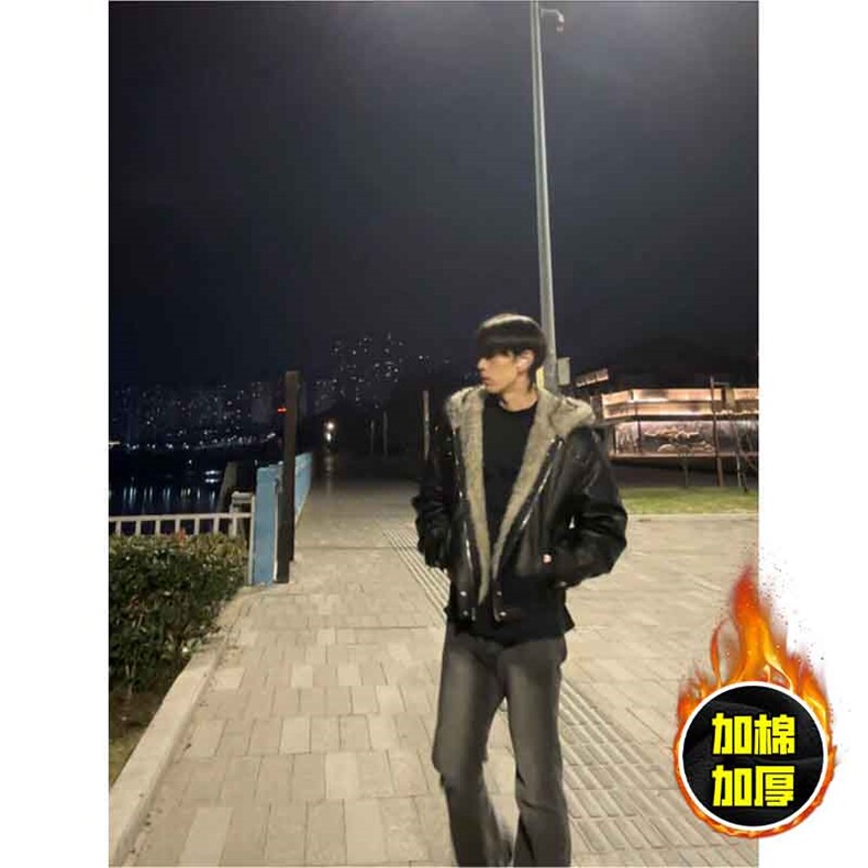 现货冬季美式潮牌痞帅PU皮机车服棉衣毛毛绒狼王座山雕皮棉服,男装棉衣,电商A486-1