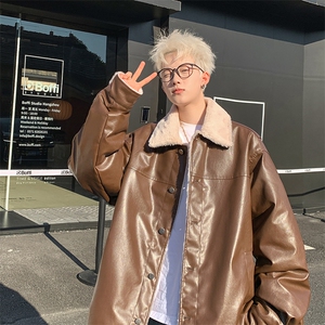 秋冬潮牌情侣毛绒翻领皮衣棉服美式街头宽松外套A170-M880-TP38图片