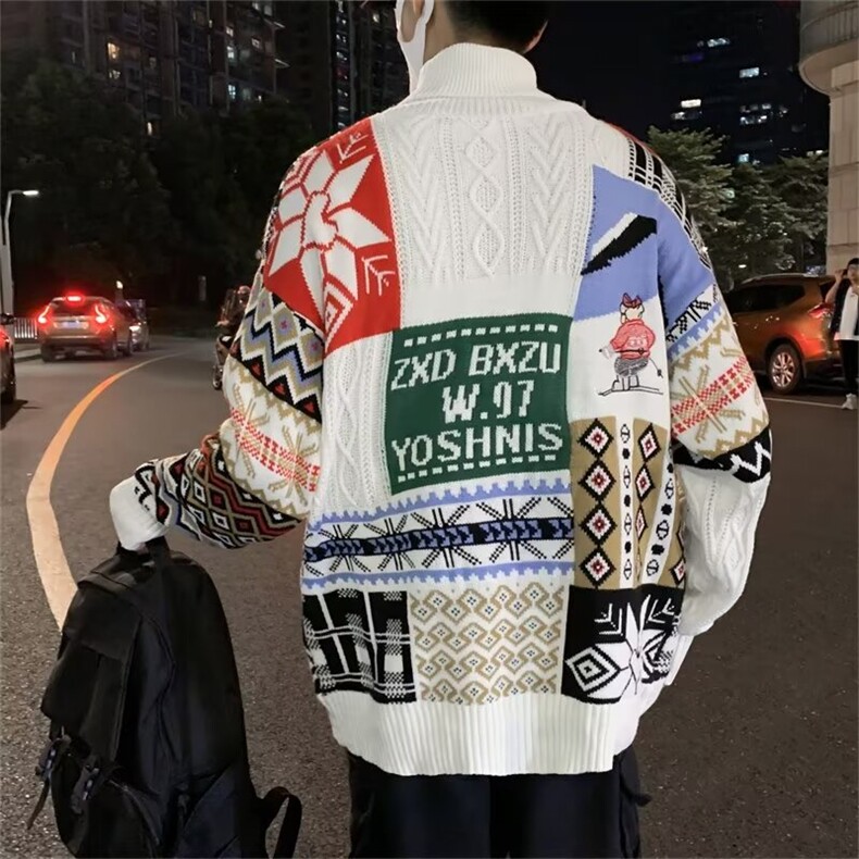 拼接圣诞毛衣男女情侣装红色高领针织打底衫欧美潮牌外套冬,男装针织衫/毛衣,星座410-7