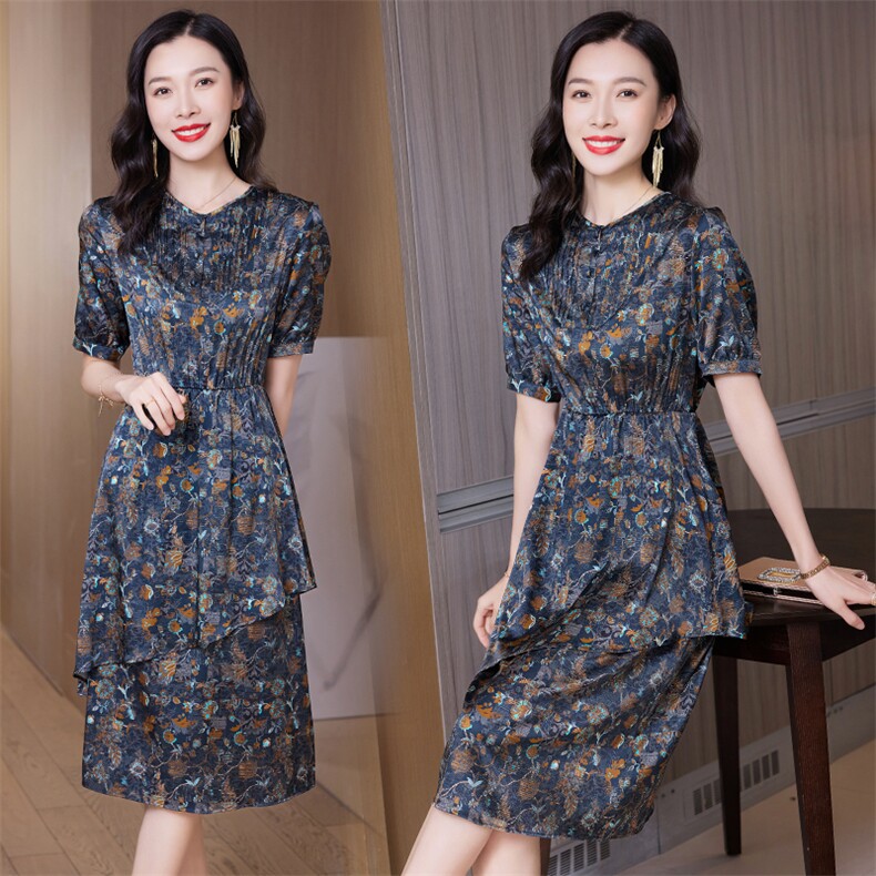 轻熟风印花真丝连衣裙女夏天2024新款高端精致设计感桑蚕丝裙子夏,女装连衣裙,阿舍尔精品