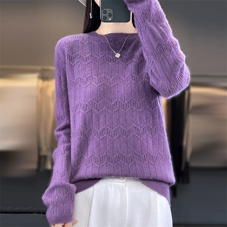 时尚百搭圆领花型羊毛针织衫女秋冬必备保暖毛衣,女装羊毛衫,隆格羊绒