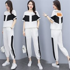 2021夏季新款简约时尚优雅气质圆领拼色松紧裤腰休闲两件套，女装套装/套裙，曼娅璐