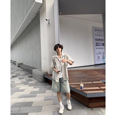法式条纹短袖衬衫男夏季新款潮流宽松衬衣青少年高街翻领上衣外套，男装衬衫，星座506A