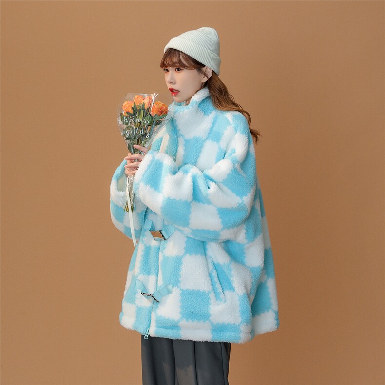 1白底冬季情侣羊羔毛大码M-5XL棋盘格宽松棉衣外套男YG78159P105，男装棉衣，星座226-2