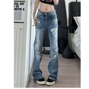 美式复古水洗微喇破洞牛仔裤潮牌高街vibe长裤子男女LK86988-P48图片