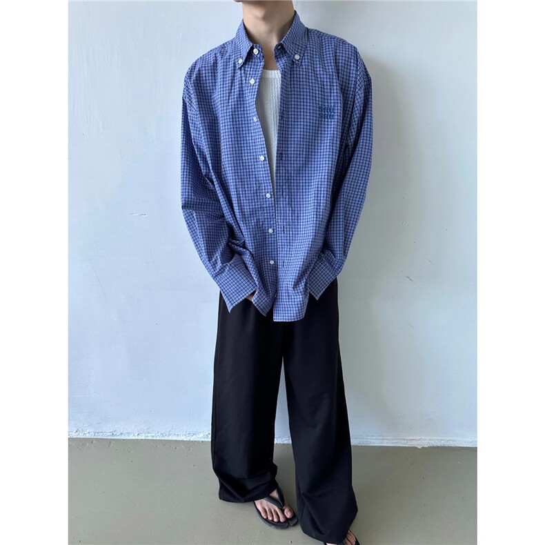 港风秋款男衬衫刺绣格子宽松休闲衬衣CD31P33,男装衬衫,星座1013-1