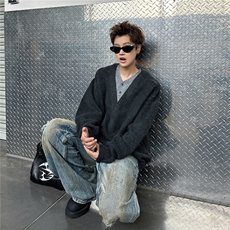 假两件V领毛衣男款秋冬美式针织衫老钱风慵懒开衫外套MZ920-P58，男装针织衫/毛衣，星座412-3