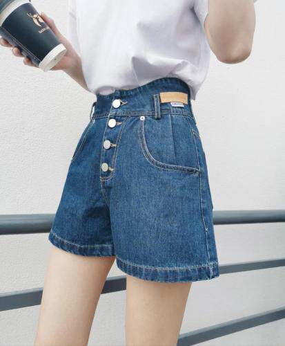 四粒扣高腰显瘦牛仔短裤M一XXL，女装，简 影
