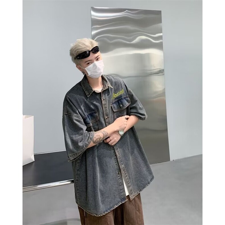 牛仔衬衫男女短袖韩版潮流宽松帅气2024秋夏新款ins外套CY940-P53,男装衬衫,星座412-3