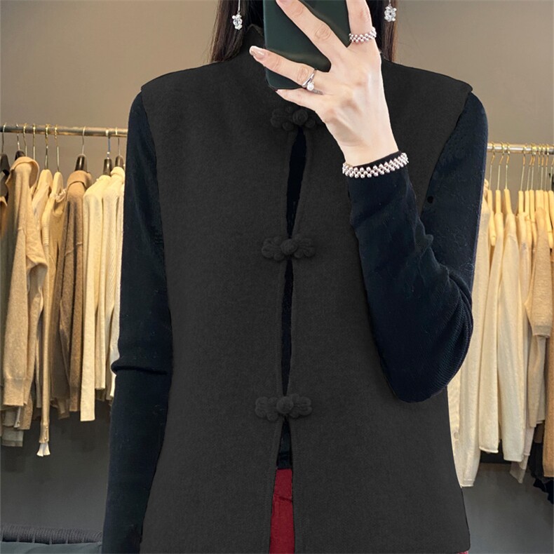 2025早春红色旗袍立领盘扣纯羊毛马甲女中式国风叠穿小衫针织坎肩,女装马甲,羿纯羊绒