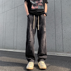 美式高街破洞牛仔裤男夏季潮牌复古宽松阔腿vibe直筒裤90022-p50，男装牛仔裤，星座1008-1