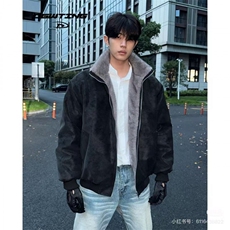 网图冬季美拉德羊羔毛雾面PU皮棉服加绒加厚保暖百搭情侣棉衣，男装棉衣，电商C307