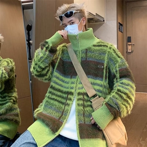 B235-P70 美式复古撞色开衫毛衣男慵懒风宽松加厚保暖线衣外套图片