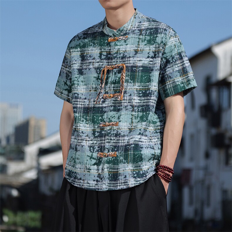 大码新中式格纹晕染铜扣短袖衬衫立领风复古唐装衬衣30502,男装衬衫,星座305A（原312A-1）