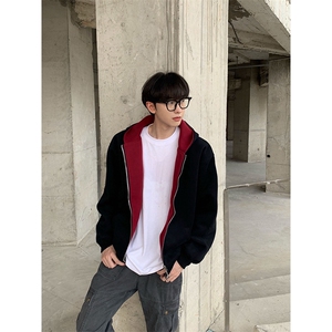 重磅高品质硬挺boxy26春装美式高街结构撞色拼接连帽卫衣开衫外套图片