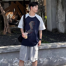 抖音得物高品质二开240克宽松纯棉美式潮牌插肩袖拼接短袖T恤，男装T恤，电商A486