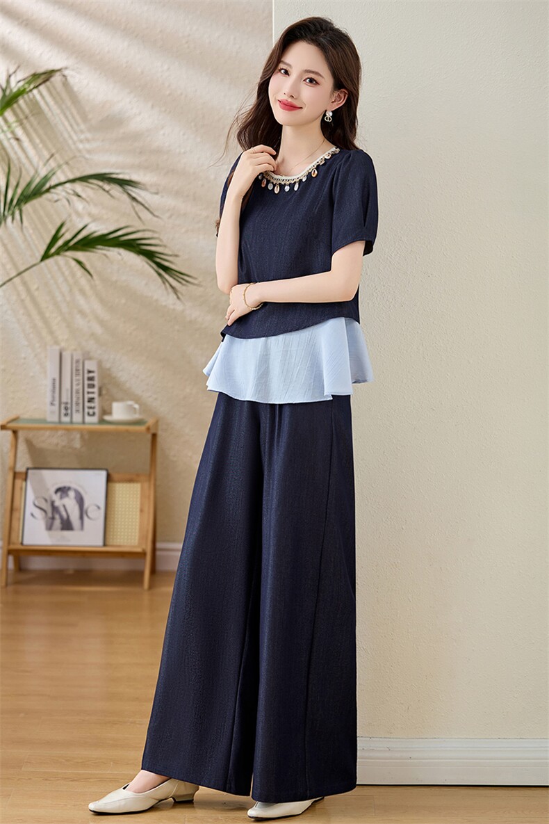 设计感时尚休闲套装女2025夏新款亮片假两件拼接上衣阔腿裤两件套,女装套装/套裙,伊航服饰