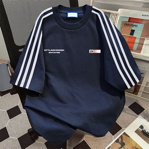 抖音得物高品质二开240克宽松纯棉美式潮牌三条杠织带短袖T恤图片