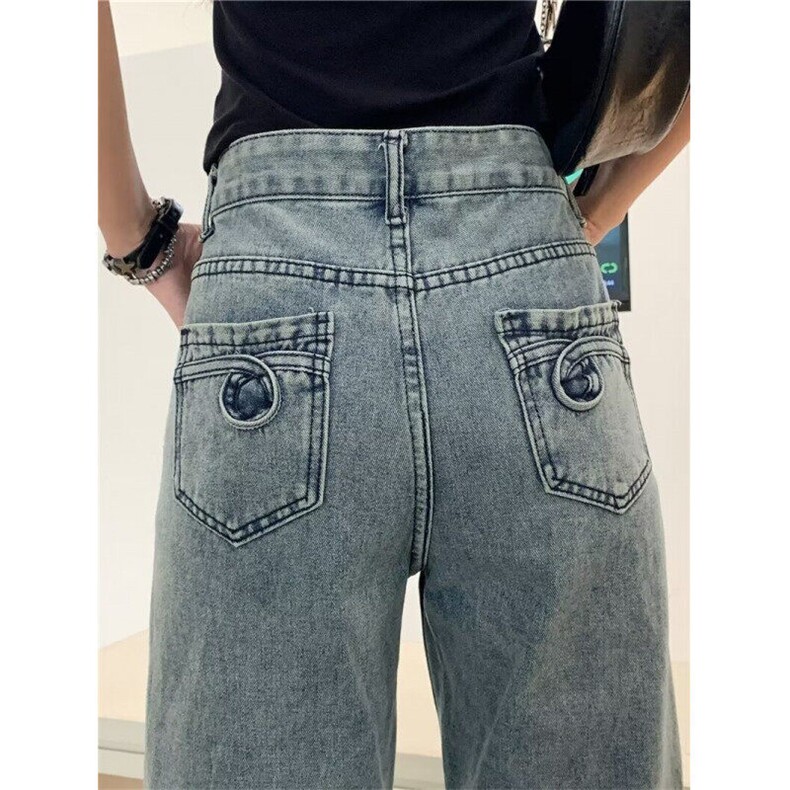 美式复古小众设计感刺绣牛仔裤男女亚比喇叭裤宽松阔腿拖地长裤子,男装牛仔裤,星座506A