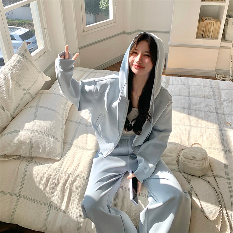 【现货】蓝色时尚休闲蕾丝连帽卫衣裤子套装女606-P180-K288,女装套装/套裙,2C126