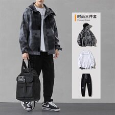 男装2021春秋季新款迷彩夹克套装男士韩版潮流工装三件套DF155T，男装夹克，电商A102