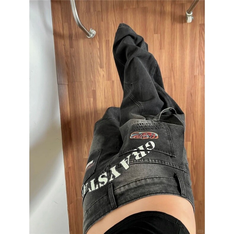 美式复古高街水洗印花阔腿黑色牛仔裤新款宽松显瘦弯刀拖地裤子潮,男装牛仔裤,星座506A