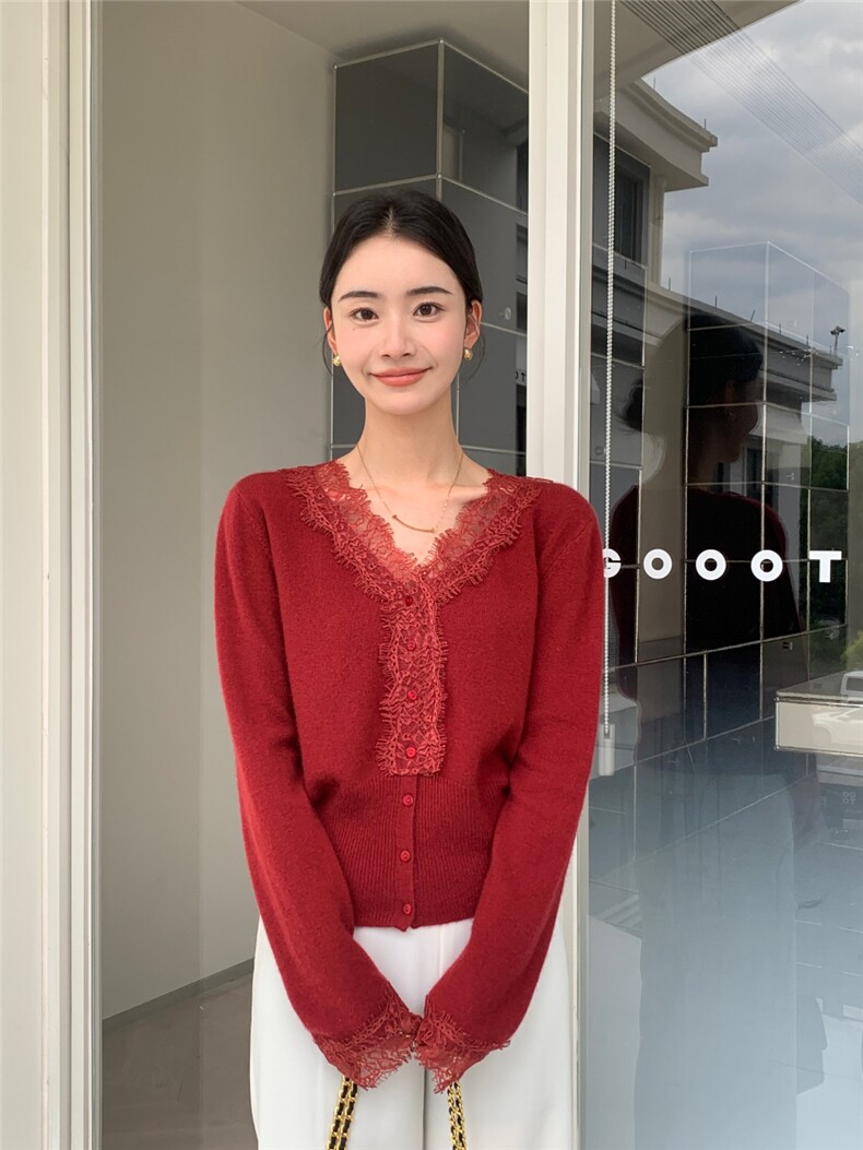 2025年夏季单排扣针织常规款开衫单件长袖V领蕾丝边针织衫百搭,针织衫/毛衣,玛卡隆羊绒