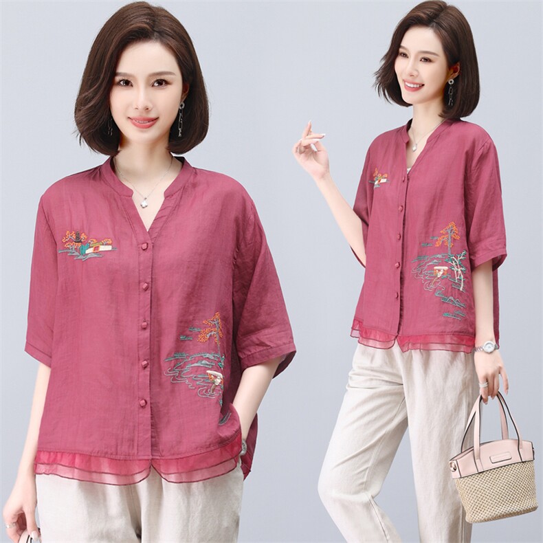 苎麻衬衫女2024夏季新款休闲T恤中年妈妈棉麻大码洋气五分袖上衣，女装衬衫，璐依舞