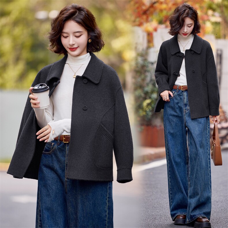 秋冬24年新款双面羊毛大衣女气质通勤百搭短款显瘦100%绵羊毛外套，女装双面呢大衣，小荷流