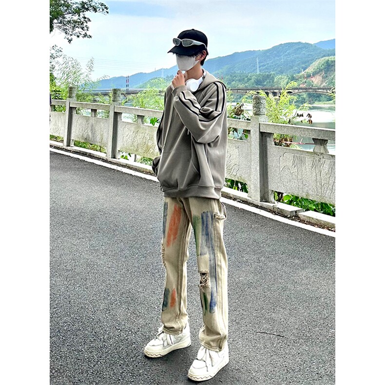 新款美式高街大码破洞涂鸦黄泥色牛仔工装裤货号K641P60图片