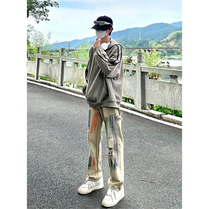 新款美式高街大码破洞涂鸦黄泥色牛仔工装裤货号K641P60图片