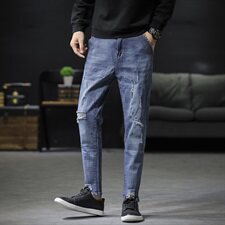 春秋主推九分牛仔裤男修身韩版小脚弹力破洞休闲裤子，男装牛仔裤，星座1008