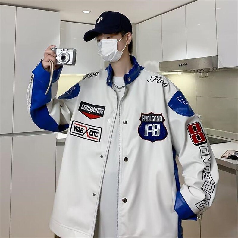 2023美式嘻哈字母PU皮拼接翻领外套男潮牌宽松情侣夹克衫,男装夹克,星座716-3