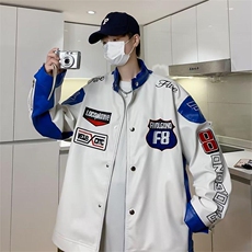 2023美式嘻哈字母PU皮拼接翻领外套男潮牌宽松情侣夹克衫，男装夹克，星座716-3