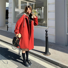 红色针织连帽毛呢羽绒服女冬超火好看高级感保暖加厚中长大衣外套，女装羽绒服，2C010