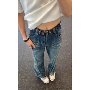 美式闪电纹小众牛仔裤男春秋新款潮牌垂感高级感宽松直筒阔腿裤子图片