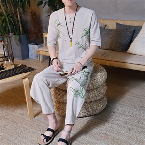 夏季中国风亚麻套装男士大码棉麻唐装汉服禅服短袖两件套HS01-P45图片