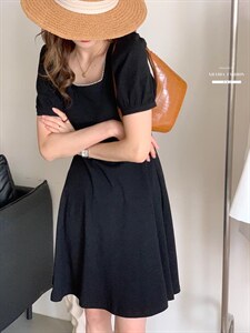 香丽迪2022年夏季新款拼接连衣裙女针织短袖圆领修身高腰图片