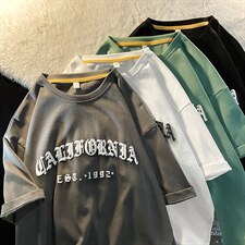 新款港风平铺摆拍短袖T恤腰果花发泡字纯手感宽松TC3111-P29，男装T恤，星座717