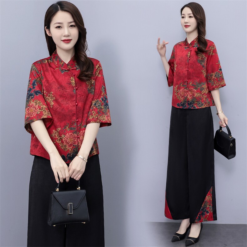 2025年夏季新款时尚套装女宽松气质百搭中式妈妈装棉麻裤子两件套，女装套装/套裙，华秀衣