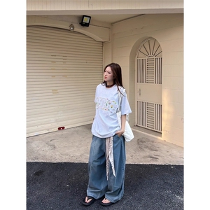 复古设计感方巾宽松牛仔弯刀裤男女百搭阔腿拖地香蕉裤AA154-P60图片