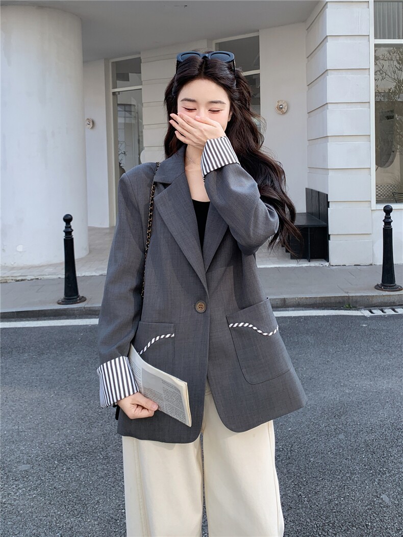 28081-7708-P145-K218春装新款灰色休闲百搭设计感西装外套,女装西装,韩蜜菓
